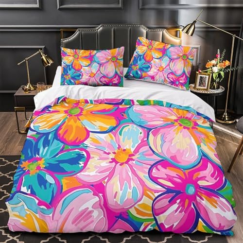 Housse de couette 3D fleurs de lys 220x240cm avec fermeture éclair invisible pour lit King