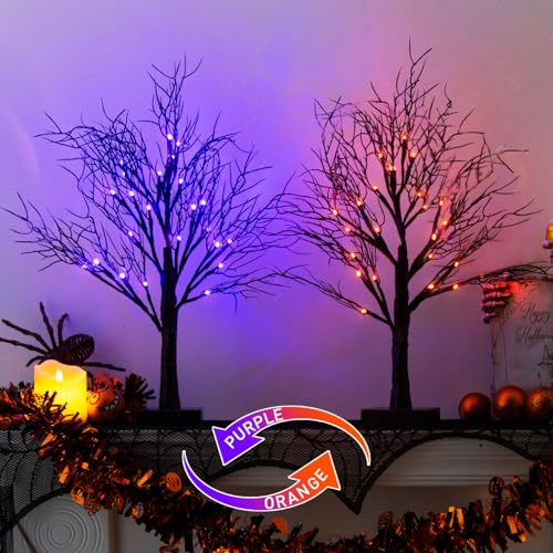 2 Pack Halloween Tree, Vanthylit Black Tree with Orange Purple Bi-Color Led Lights 6 Functions, USB & Battery Operated Lighted Willow Branch for Indoor Halloween Decorations (22 inch,24 LED)