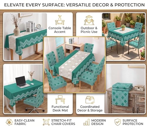 Image of Styleys Dining Chair Cover with Table Covers for Kitchen Waterproof Dining Table Cloth (1 Table Cover + 6 Chair Cover, Green Abstract, K732)