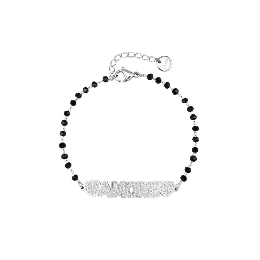 OuranAmore Bracelet for Women, Rose Gold and Silver Plated Stainless Steel Chain with Black Crystal Charm Heart Wrist Bracelet