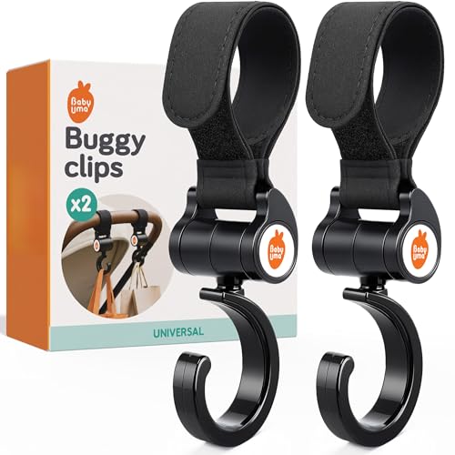 Baby Uma Buggy Clips (2 Pack) - Open Pram Bag Clips with 360-Swivel Neck & Extra Strong Strap Easy On n Off & Universal 5 kg Weight Capacity Pram Accessories & Baby Accessories