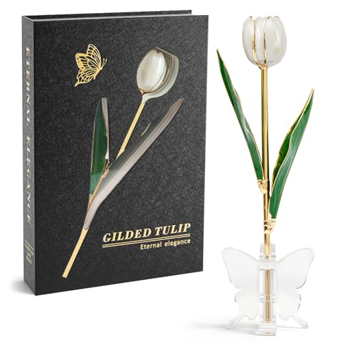 Mikasol Real 24K Gold Dipped Tulip – Pure Pearl White, Elegant Forever Flower Gift with Book-Style Box & Butterfly Stand, Perfect for Her, Mom, Wedding, Anniversary
