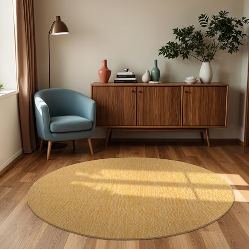 Paco Home Outdoor Teppich Flachgewebe Sisaloptik Modern Einfarbig meliert wetterfest & pflegeleicht Küchenteppich Ideal für Terrasse Balkon Garten, Grösse:80 cm Rund, Farbe:Gelb