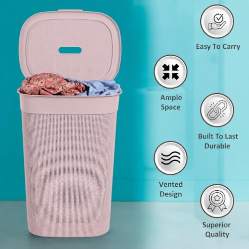 Image of KITCHIVO Plastic Large 55 Ltr Laundry Basket with Lid & Handle | Multipurpose Hamper Bins Storing Washable Clothes, Blankets | Household Ideal for Home & Bathroom (Woods Blush Pink)