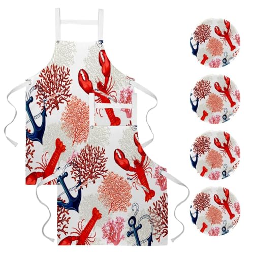 Tablier de cuisine avec 4 broches imprimé ancre de homard marine
