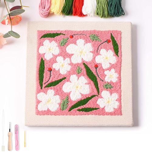 Image of REEWISLY Embroidery Punch Needle Kit Frame, Starter Kit for Beginner, Fabric with Pattern, Threader, Yarns, Pinch Needle, Embroidery Hoops & Rug Punch (Rose red)