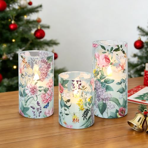 Image of Floral Flameless Candles with Remote Timer, Pink Rose and Lilac Pattern LED Glass Candles, Battery Operated for Home Party Wedding Christmas Spring Valentine's Day Decor, Set of 3