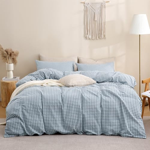 Image of TOCOMOA Blue Gingham Duvet Cover Bedding Set 100% Washed Cotton Like Linen Feel Super Soft Comfortable 3 Piece Vintage Plaid Checkered Comforter Cover Set (King 104 inchx90 inch, Comforter Not Included)