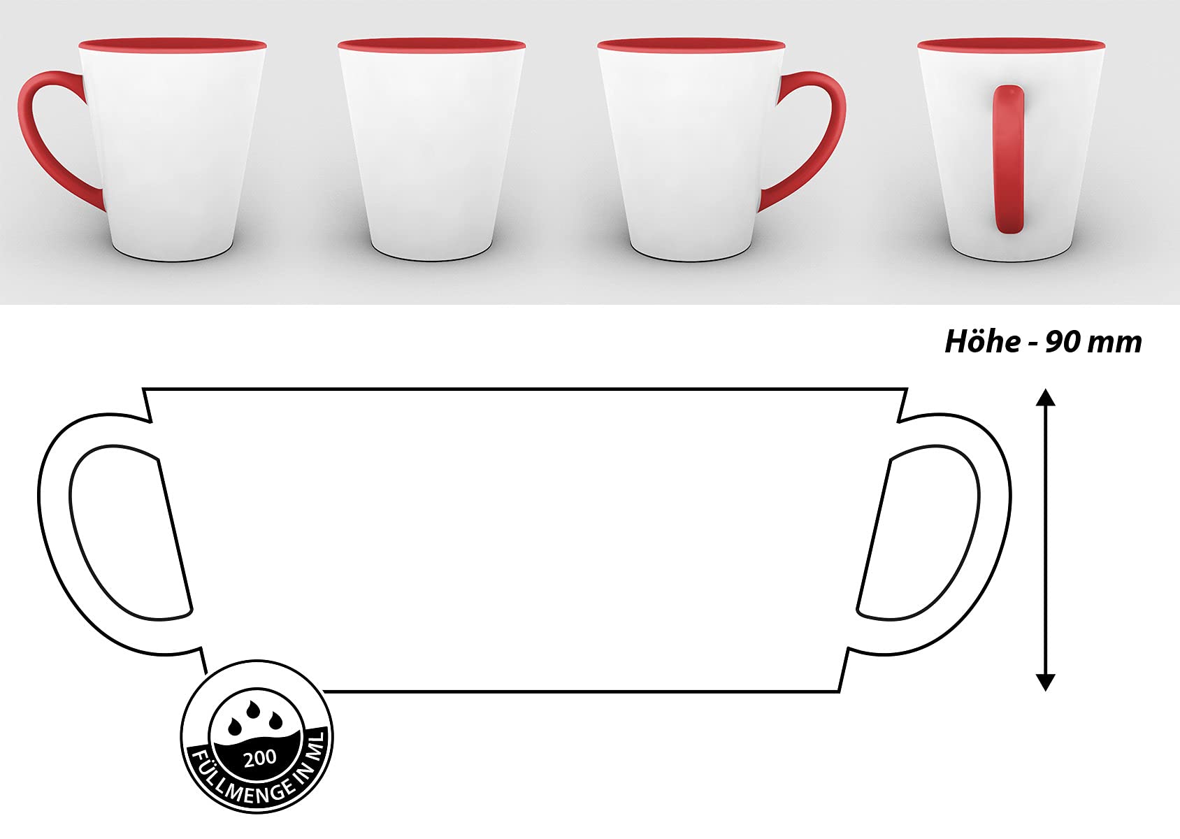 Bastel-Tassen ohne Druck zum Bemalen aus Hochwertiger Keramik Einzeln oder im Set/Mug/Cup/Becher/Pott Konische Tasse Innen & Henkel Rot 24er Set