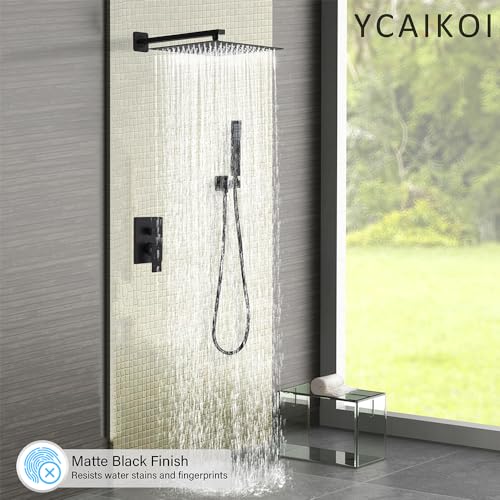 Image of Shower Faucet Set Complete, Wall Mount Shower System for Bathroom 12 Inch High-Pressure Rainfall Shower with Handheld, Rough-in Valve Body and Trim Kit, Matte Black
