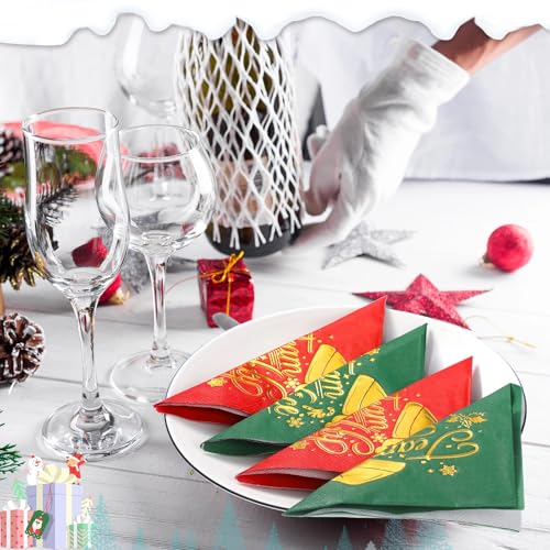 Faccito 100 Pcs Christmas Team Naughty Nice Paper Napkin Disposable Nativity Gold Foil Santa Hat Napkin Red Green Guest Cocktail Paper for Xmas New Year Holiday Party Decor (10 x 10 Inch) – Image 6