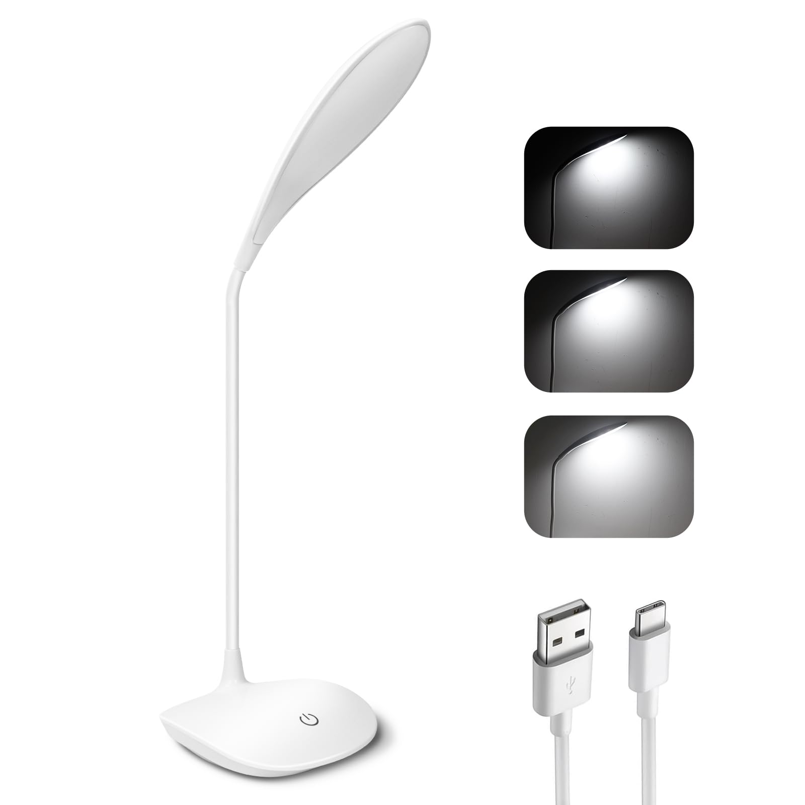 EXTRASTAR Lámparas de Escritorio, Led Escritorio, Lampara Lectura con Cuello de Cisne de 360° Cuidado Ocular Luz LED, Luz Blanca Fría 6500K, 3 Niveles de Brillo, Blanco, 1pc