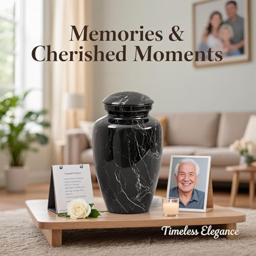Image of Black Marble Finish Cremation Urn Set for Human Ashes Adult | 6 Piece Funeral Memorial Urns Include 1 Large Urn, 4 Small Sharing Urns & 1 Ashes Necklace for Dad Mom Grandpa Grandma Family