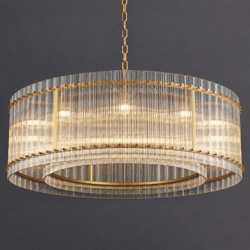 Image of 48-Inch Ripple Glass Chandelier, 2-Tier 10-Light Large Brass Round Chandelier for Dining Rooms, Living Rooms, Foyers, Staircases, Open-Concept Spaces & High Ceilings