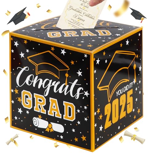 BEISHIDA 2025 Graduation Card Box, Black&Gold Congrats Grad Card Gift Box, 2025 Graduation Party Supplies Decorations-9 X 9 X 9 Inch