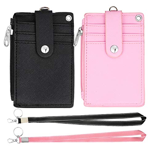 Image of 2 Pack ID Badge Holder with Lanyard,2 Sided 5 Card Slots ID Card Holder Wallet with PU Leather Zipper Pocket and Detachable Keychain Lanyard for Teens Men Women(Black & Pink)