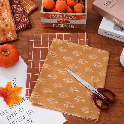 Whaline Fall Cotton Fabric Bundles Terracotta Boho Maple Leaf Plaid Printed Fat Quarters Autumn Sewing Fabrics for DIY Handmade Crafting, 18 x 22 Inch - Thumbnail 4