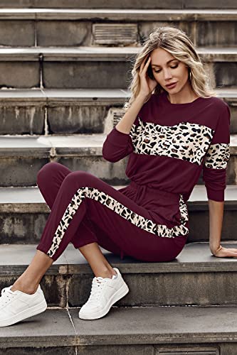 Prettygarden Women's Color Block 2 Piece Tracksuit Crewneck Long Sleeve Tops Long Sweatpants Outfits Lounge Sets (Leopard Wine Red,Medium) #TOP6