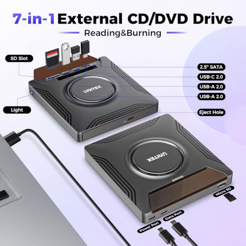 Image of Unitek External CD DVD Drive for Laptop, 7 in 1 USB C Disc Reader with SATA