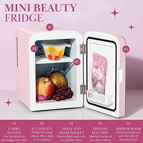 Paris Hilton Mini Refrigerator And Personal Beauty Fridge, Mirrored Door With Dimmable Led Light, Thermoelectric Cooling And Warming Function For All Cosmetics And Skincare Needs, 4-Liter, Pink #TOP2