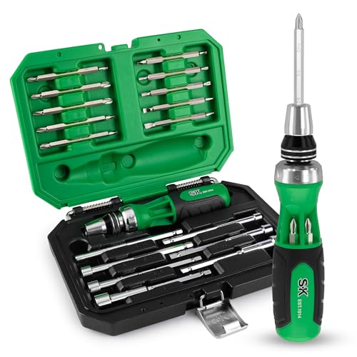 SK 22-in-1 Ratcheting Screwdriver with Nut Drivers, 216-P Multi-bit Screwdriver, Phillips, Slotted, Star, Square Bits Stored in Handle, Organized in Storage Toolbox