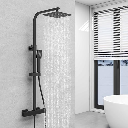SKY Bathroom Shower Set Thermostatic 38℃ Mixer Shower Thermostatic with 8 inches Overhead Rain Shower and Handheld Square Shower Mixer Shower System Matte Black