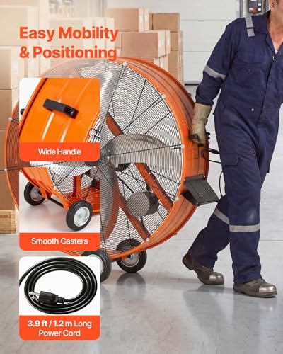 Image of VEVOR Industrial Shop Fan, 42 Inch Floor Drum Fan, High Velocity 16100 CFM, Heavy Duty Aluminum Blades, 2 Speeds, with Handle, Ideal for Commercial, Garage, Warehouse, Basement, Workshop, Factory