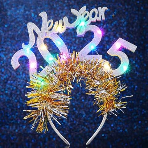 JEAIRTS Light Up Christmas 2025 Headband Glowing New Year Hair Hoop Led Xmas Headpiece Festive Holiday Hair Accessories (1-Silver) Cover