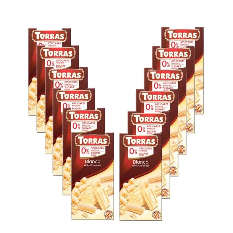 Pack 12 x Chocolate blanco sin azúcar Classic 75 g Torras | Tabletas sin azúcares añadidos para picar, postres y repostería | Formato ahorro 12 x 75 g ideal para compartir o venta unitaria