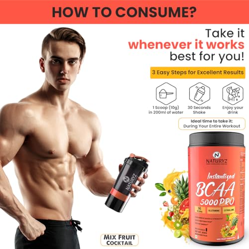 Image of NATURYZ Instantized BCAA 5000 PRO |5G Vegan BCAAs | Glutamine | Citrulline | Electrolytes | 0 Added Sugar | Powerful Intra Workout Amino for Lean Muscle Growth, Strength, Quick Re-Hydration & Instant Energy - 300g(Mix Fruit Cocktail)