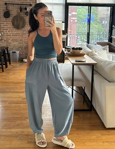 Image of Himosyber Women Cotton Pants Wide Leg Pants Casual Loose Baggy Elastic Waist Beach Palazzo Harem Pants