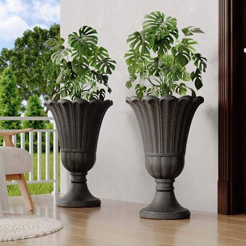 24 Tall Urn Planters Set of 2, Black Outdoor Planter for Porch | HDPE Resin Weather-Resistant Large Planters with Drainage Holes, Lightweight Vintage Petal Design for Patio, Porch, Garden