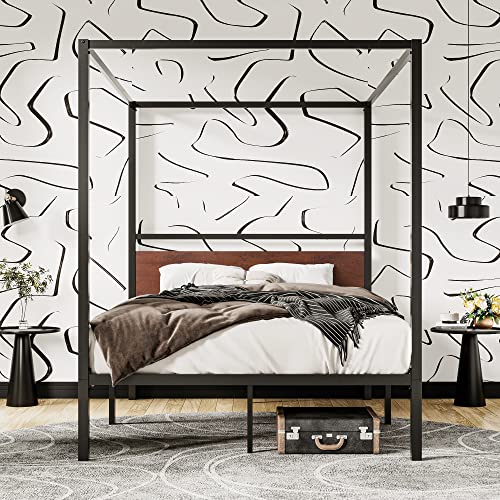 Sha Cerlin Queen Size Metal Canopy Bed Frame With Wooden Headboard, 4-Poster Platform Bed With Wood Slats Support/No Box Spring Needed/Easy Assembly/Sanders #TOP12