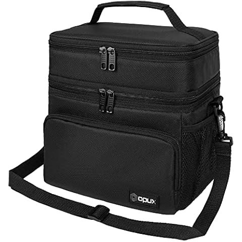 OPUX Insulated 2 Deck Lunch Bag for Men Women, Large Dual Compartment Cooler Bag for Work School Picnic, Leakproof with Strap for Kid Adult (Black) Cover