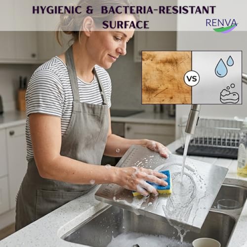 Image of RENVA Food Grade Stainless Steel Cutting Board with Lip, Metal Chopping Board for Meat, Fruits, Vegetables, Bread, and Baking 36x29cm(36x29 cm Silver)