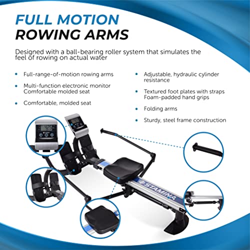 Image of Stamina Hydraulic Rowing Machine, BodyTrac Glider with Cylinder Resistance, 250 Lbs - Home and Gym Exercise Equipment - Ideal for Fitness Training and Body Workout