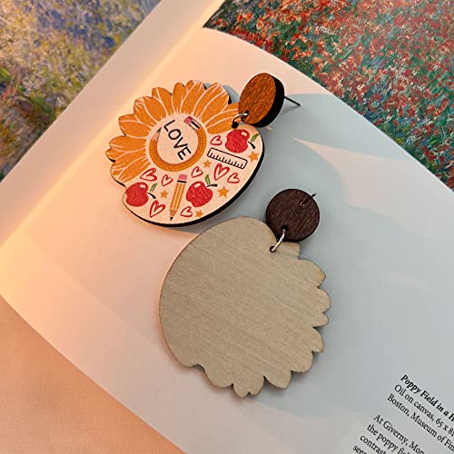 Fun Earrings For Women Teacher's Day Earrings For Women Drop Earrings For Girls Cute Pencil Cat Dog Sunflower Wooden Dangle Earrings Charm Jewelry Back To School Gift For Student (Love) #TOP4