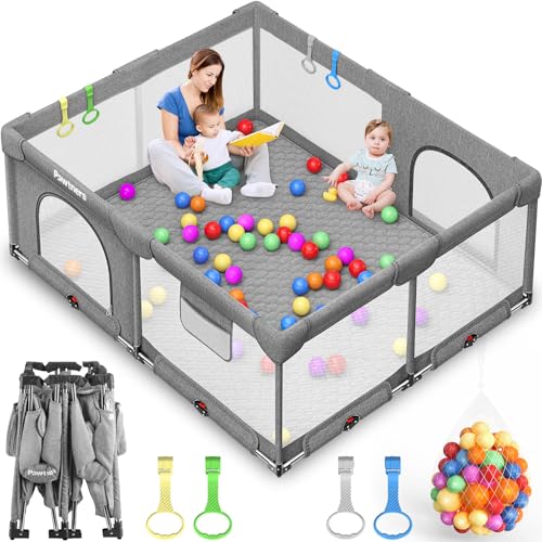 Image of Foldable Baby Playpen: 71 inch L x 59 inch W x 27 inch H, Large Kids Play Yard with Mat for Indoor and Outdoor, Portable Baby Gate with 50PCS Ocean Ball, 4 Handles