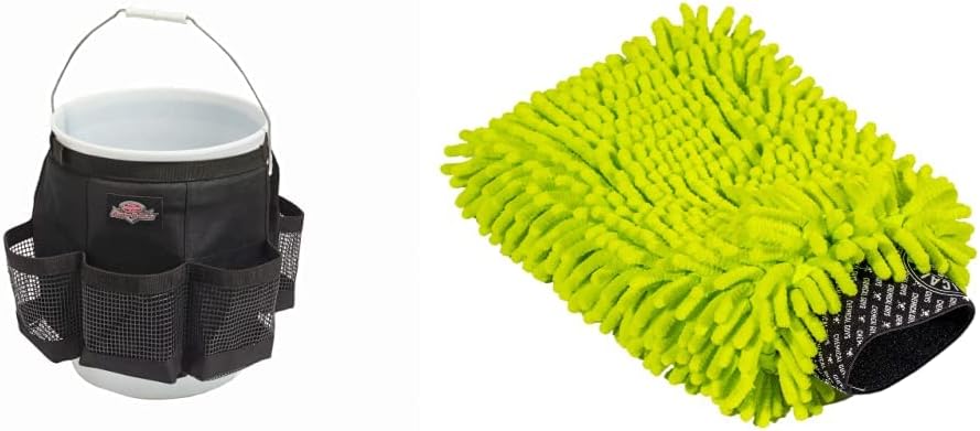 Bucket Boss Auto Boss Wash Boss Organizer for a 5 Gallon Bucket, with Fast-Drying, Exterior Mesh Pockets & Chemical Guys Chenille Premium Scratch-Free Microfiber Wash Mitt, MIC493, Lime Green