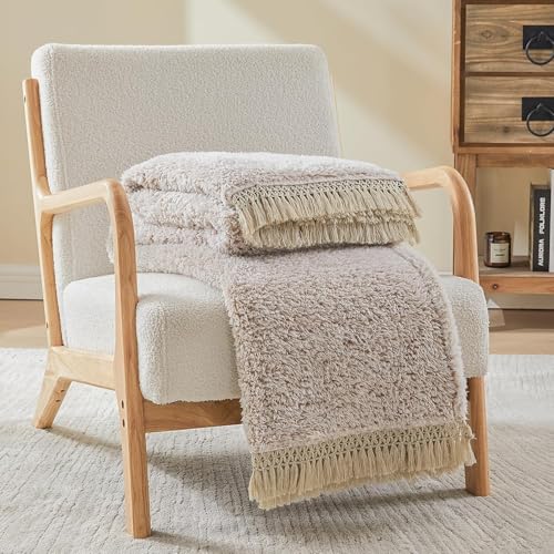 Image of EMME Soft Sherpa Fleece Blanket with Tassel, Reversible Plush Fluffy Large Blanket, Light Weight Warm Decorative Boho Blanket Cover for Sofa, Couch, Bedroom,Travel(Tassel Khaki,60 inchx80 inch)