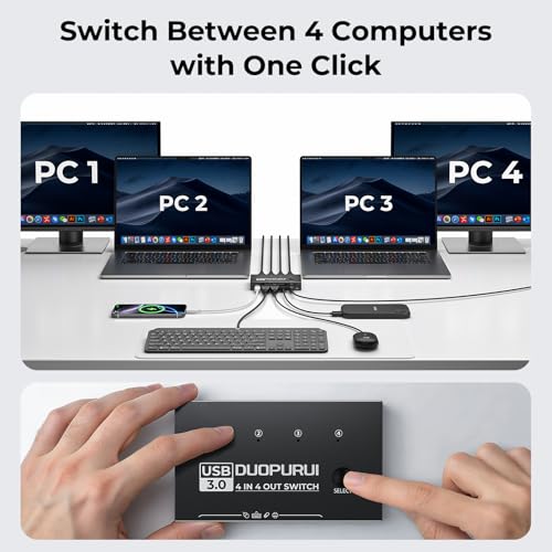 Image of USB 3.0 Switch 4 Computers Sharing USB C & A Devices,Easy One-Click Device Switching with USB-C Cable & USB-A Cable,USB Switch Hub Share Keyboard Mouse Printer Scanner(USB3.0 4in4out)