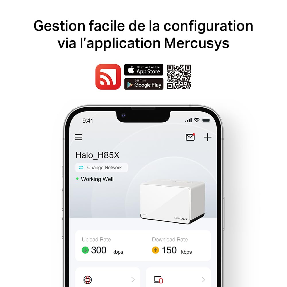 Mercusys TP-Link Halo H85X Mesh Wi-FI 6 AX3000Mbps Double Bande, 2,5G Port WAN/LAN, 2 Ports WAN/LAN Gigabit, Couverts jusqu'à 460 m2, MU-MIMO, WPA3, contrôle par Application, 2 pièces