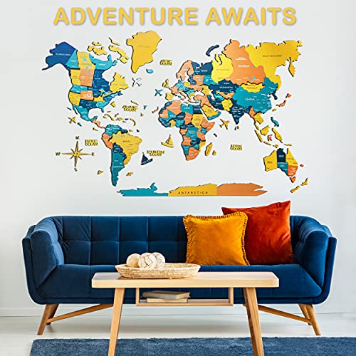 Home DÃ©cor 3D Wood World Map With Rivers&Lakes INDIE color Wall Art. Large Wall DÃ©cor - World Travel Map All Sizes (M L XL XXL) Any Occasion Gift Idea - Wall Art For Home & Kitchen or Office