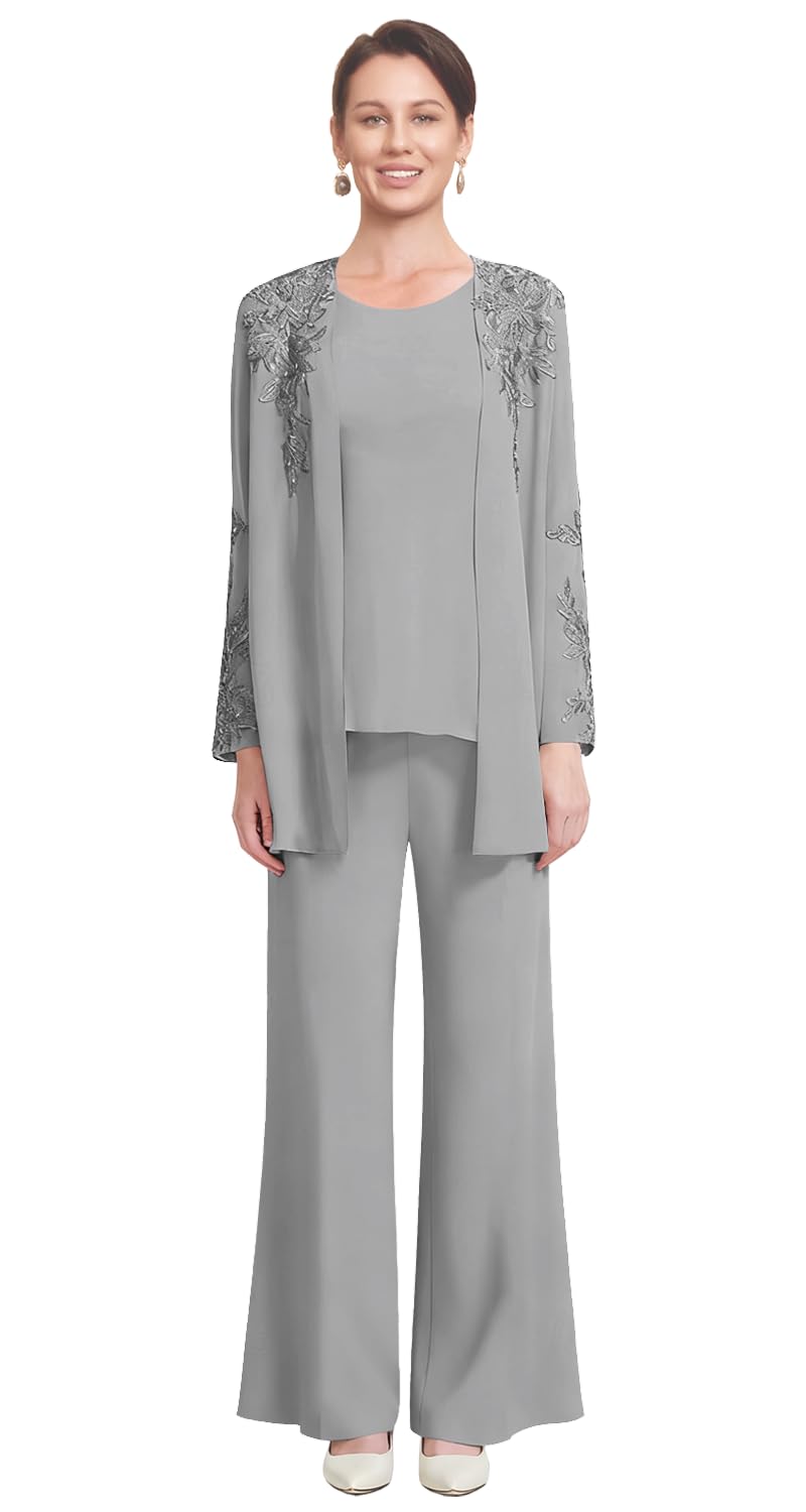 Chiffon Mother of Bride Pantsuits Dressy 3 Pieces Applique Grandmother of The Groom Outfits with Jackets