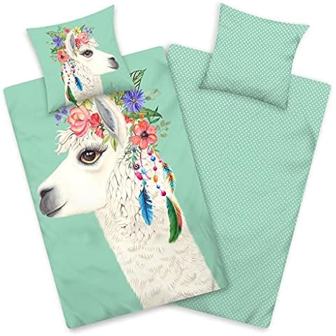 Aminata Kids Llama Alpaca Duvet Cover Girls 135 x 200 cm Cotton Teenagers Cover