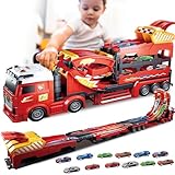3in1 Transport Car Carrier Truck Toy w/3 Layer Foldable Car Track, 12P Die Cast Car Speed Track, Semi Truck Toy Car Launch Race Track Playset, Preschool Cars Trucks Car Transporter Toy for Kid Ages 3+
