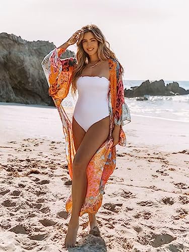 Image of Breezy Lane Women's Kimono Cardigan Summer Swimsuit Coverups Beach Cover Up with Floral Print for Vacation