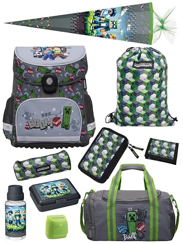 Familando - Schulranzen Set 10-teilig mit Schultüte - Minecraft - Ergonomisch, stabil & mit gepolstertem Rücken - 1250g leicht - 18L Volumen - Mit Reflektoren - Für Grundschule ab 1. Klasse