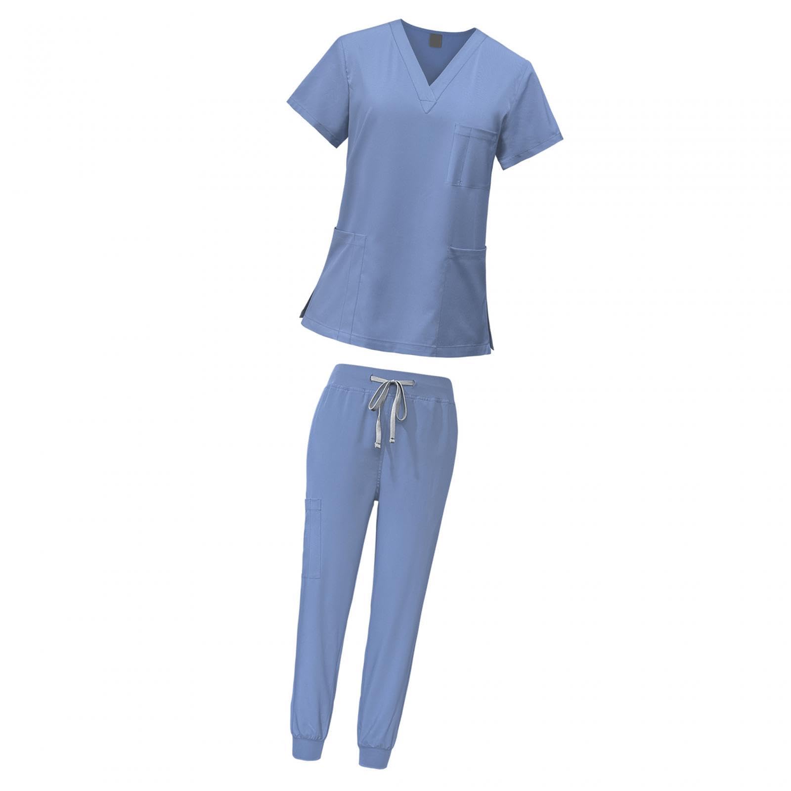 LOVIVER Female Scrub Set Nurse Workwear V Neckline Professional Machine Washable Top and Joggers Pant Work Clothing for Beauty Center, Light Blue, M