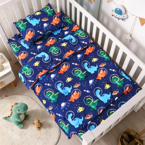 Image of JISEN 3 Piece Crib Bedding Set for Baby Boys Girls Space Dinosaurs Blue | Soft Breathable Microfiber, Crib Comforter Set with Comforter, Sheet, Pillowcase, Standard Size, Baby Nursery, Shower Gift